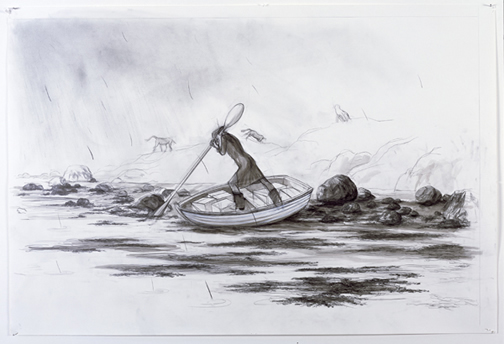 A drawing of a man standing on a boat and rowing in the sea