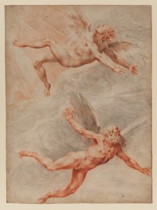 drawing of two men with wings flying in the sky