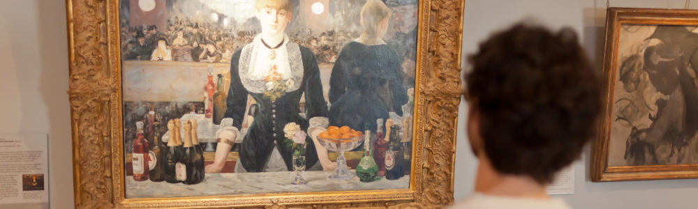 a person standing in front of a Bar at the Folies-Bergère painting
