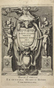 engraving with angels standing on a column