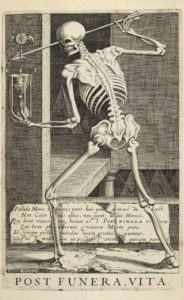 etching of a skeleton holding an arrow and an hourglass