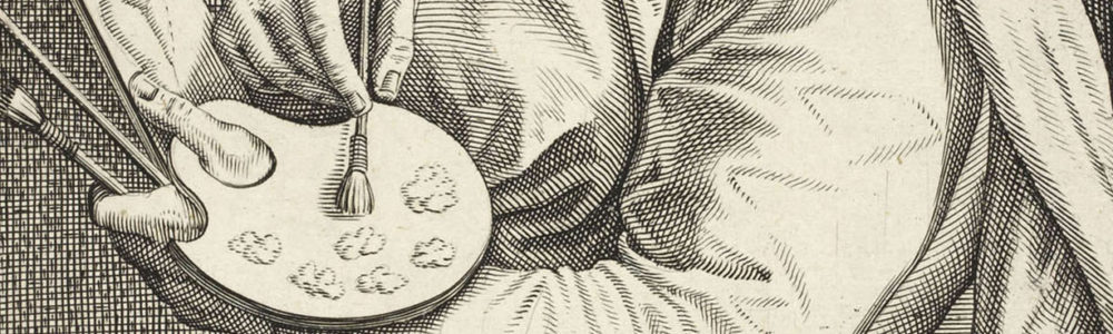 detail of engraving painting palette and hand holding a painting brush