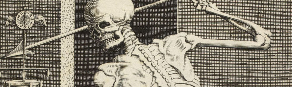 detail of engraving skeleton holding an arrow