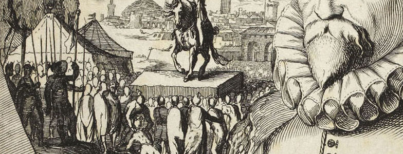 engraving of Burges, person in the foreground, city in the background