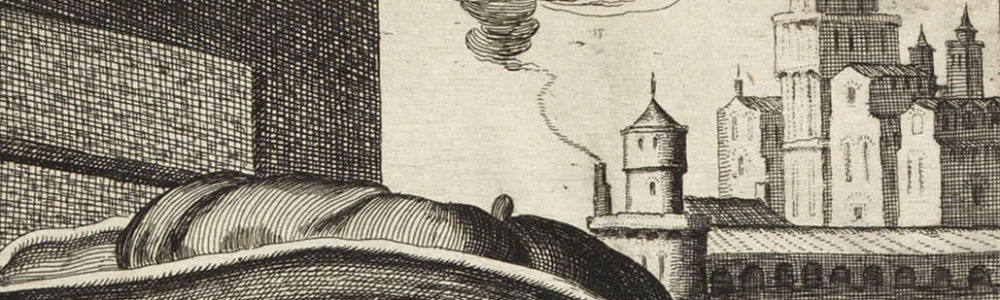 detail of engraving with houses and a tower on the background