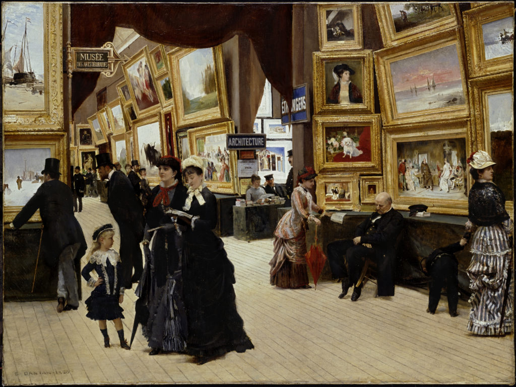 Edouard Dantan's painting Un coin du Salon en 1880 showing exhibitions at The Salon in Paris