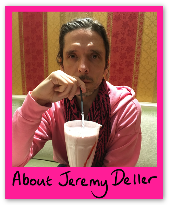 Photograph of Jeremy Deller drinking a milkshake