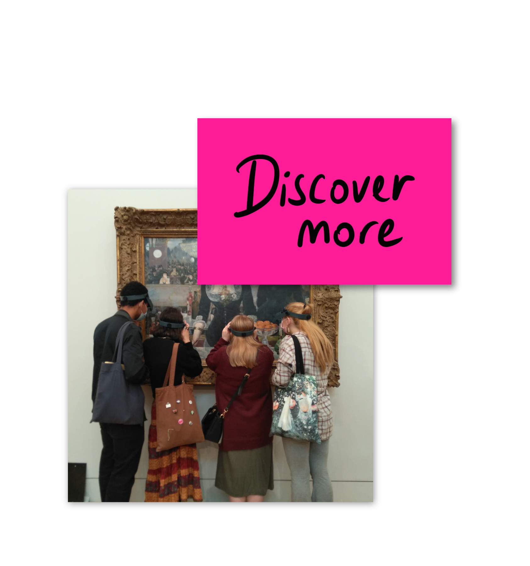 discover more button with image of young people looking at artwork