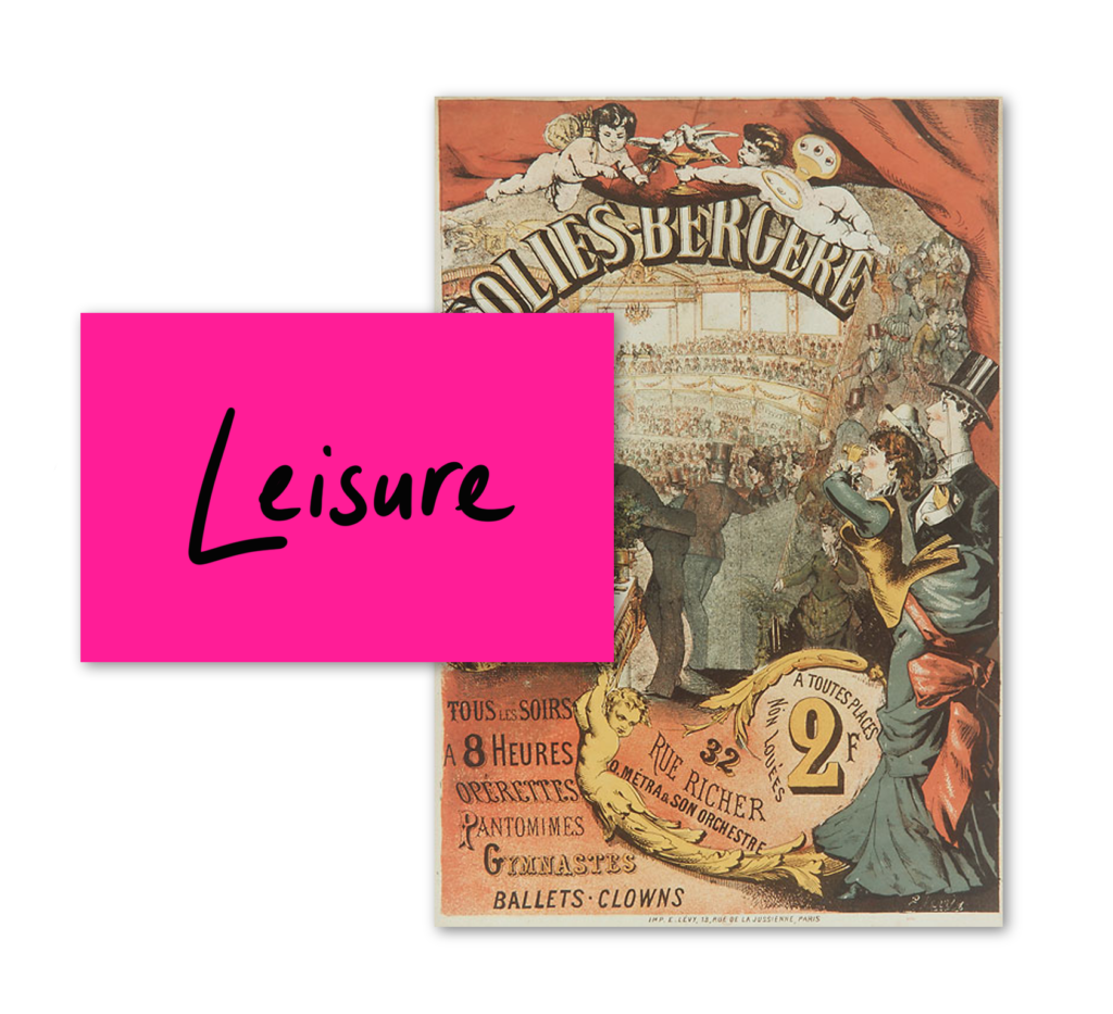 Leisure button - handwritten word and poster for the Folies-Bergere