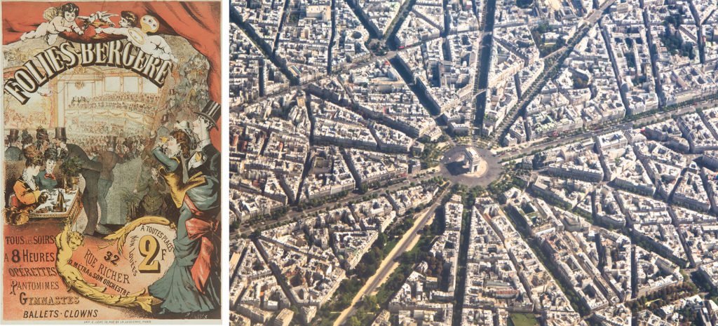 Composite image of a 19th century poster for the Folies Bergere and an aerial view of Paris