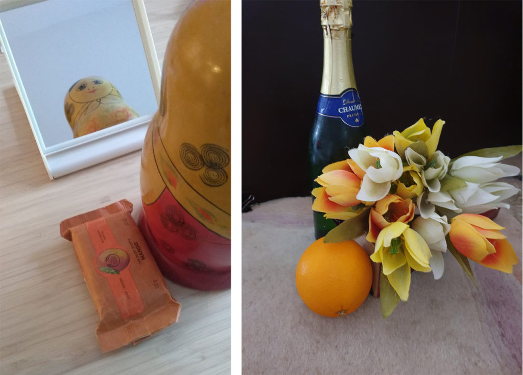 photographs taken by students to show the results of the object challenge. One photo shows a mango energy bar and a Russian doll in front of a mirror. A second photograph shows a bottle of champagne, an orange and a bunch of flowers.