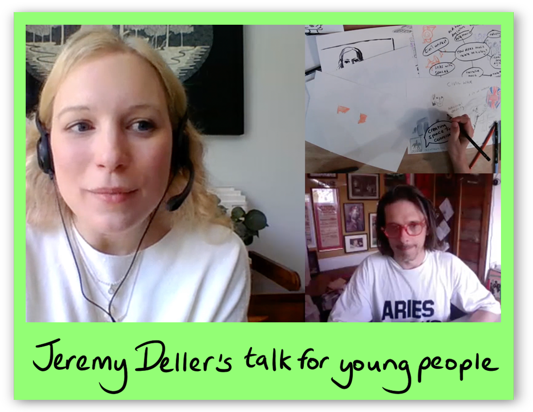 Jeremy Deller's talk for young people with a still from an online talk showing Jeremy and a Courtauld educator